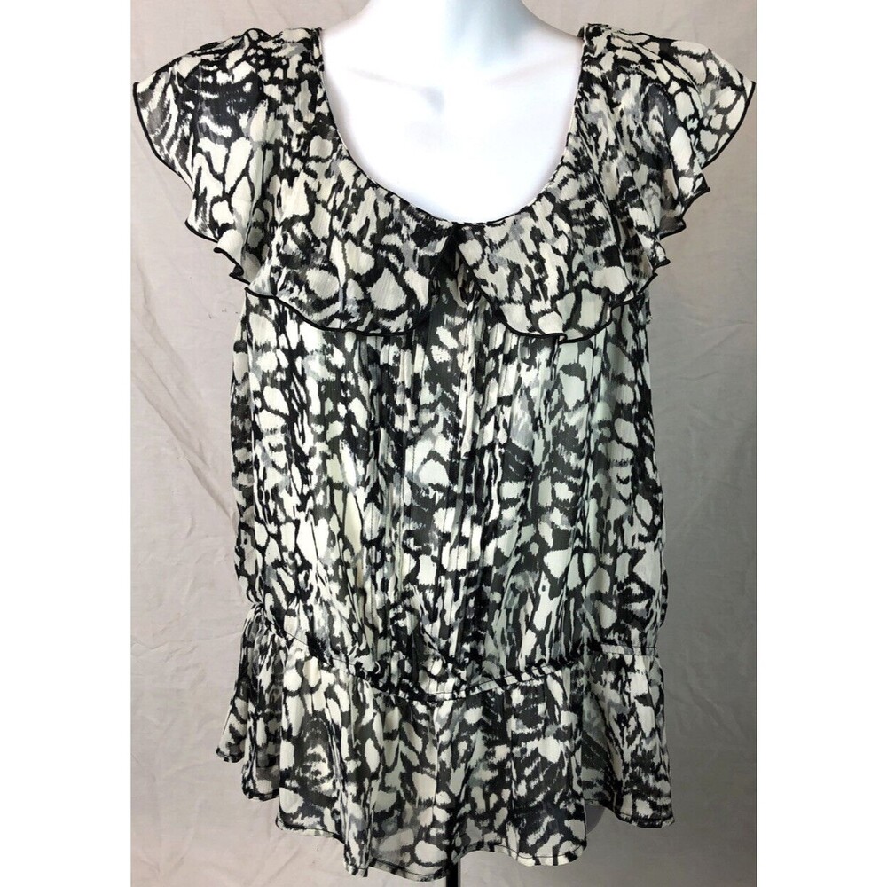 Vintage Chiffon Top L Blk/Wht ScoopNeck Peplum Flutter Sleeve Whimsigoth Fairy